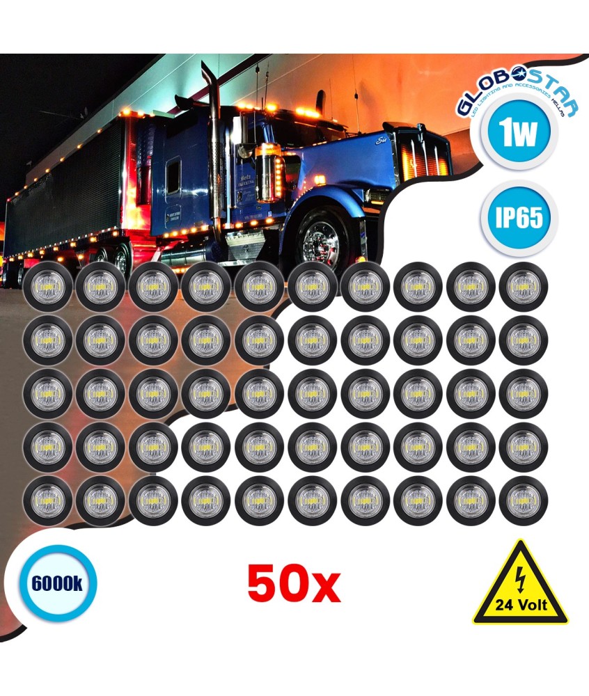 GloboStar® 85307 Πακέτο 50 Τεμάχια Φώτα Όγκου για Φορτηγά BULLET PIN LED SMD 5730 1W - Τεμ. 100lm DC 24V Αδιάβροχα IP65 Ψυχρό Λευκό 6000K